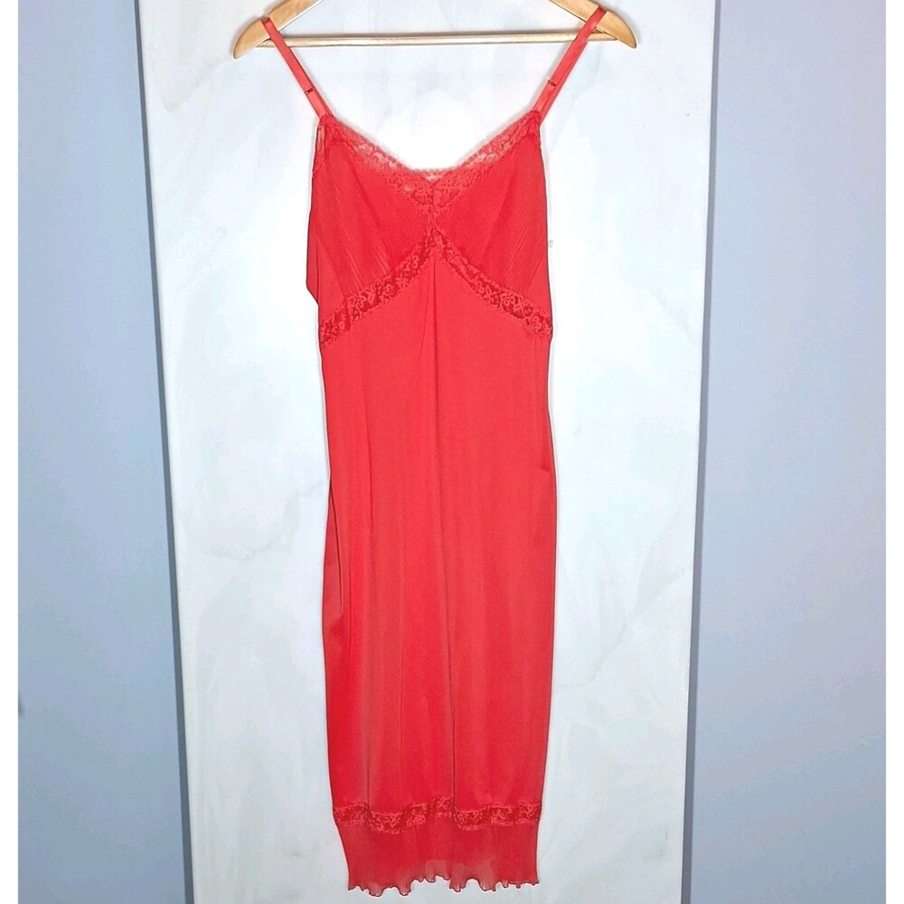Vanity Fair Slip Dress 36 Coral Red Satin Lace Full Length Coquette Romantic